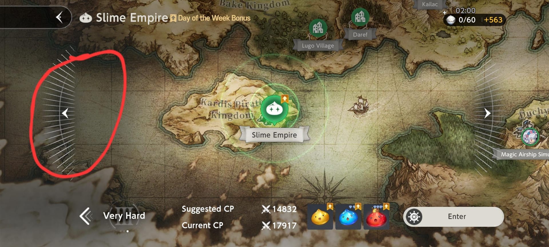 Brown Dust2 冒险之路地图,高亮显示用于刷取魔晶的元素洞穴。