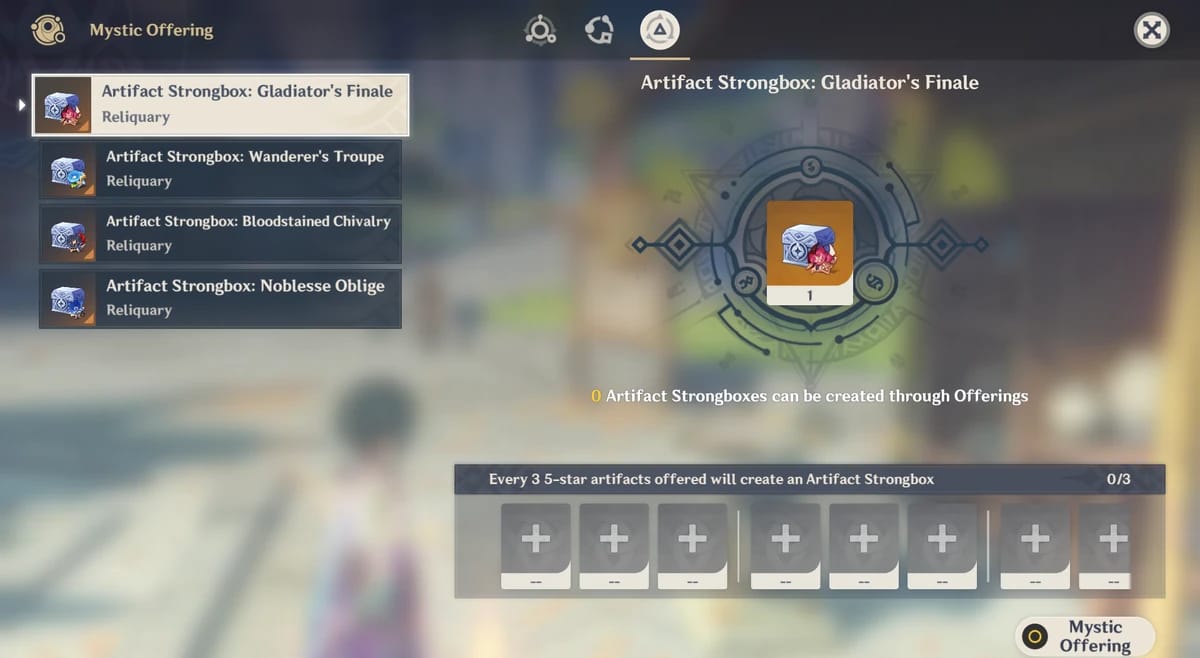Menu Artifact Strongbox dalam Genshin Impact yang membolehkan pertukaran artifak.