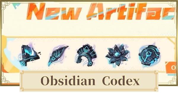 Set artifak Obsidian Codex dan Scroll of the Hero of Cinder City dalam Genshin Impact.