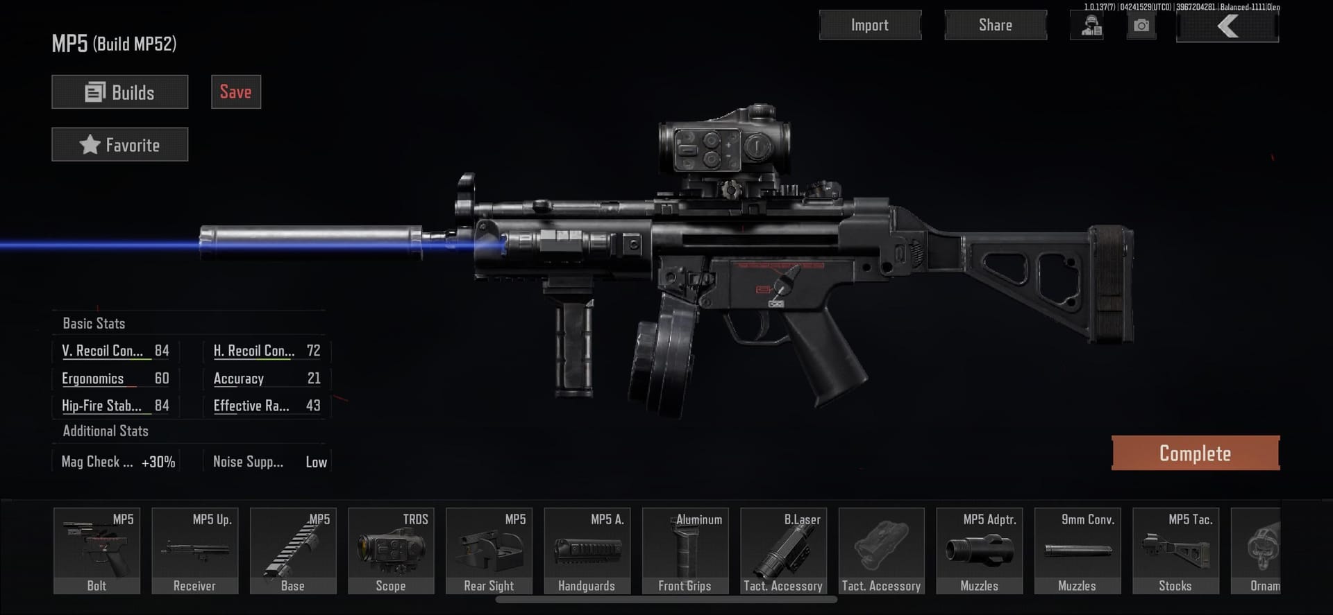 Interfaz de armero de Arena Breakout que muestra un subfusil MP5 personalizado con un cargador de 50 balas y munición 9x19mm Dum-Dum.