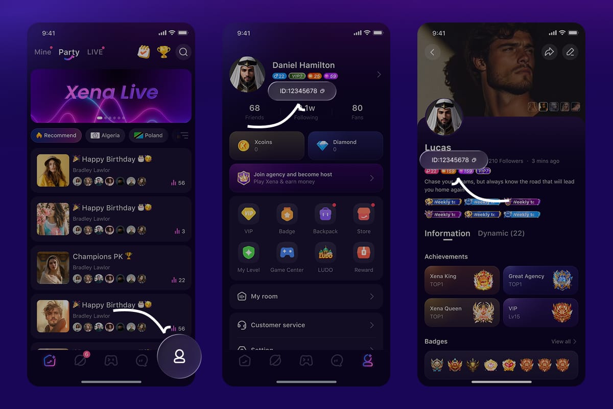 Interfaz de la aplicación Xena Live para equipar música de fondo de entrada personalizada según el nivel VIP