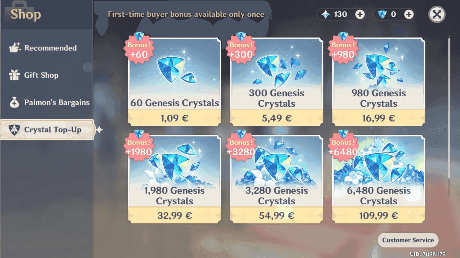 Interface de la boutique en jeu de Genshin Impact montrant l'écran de conversion des cristaux primaires en primo-gemmes