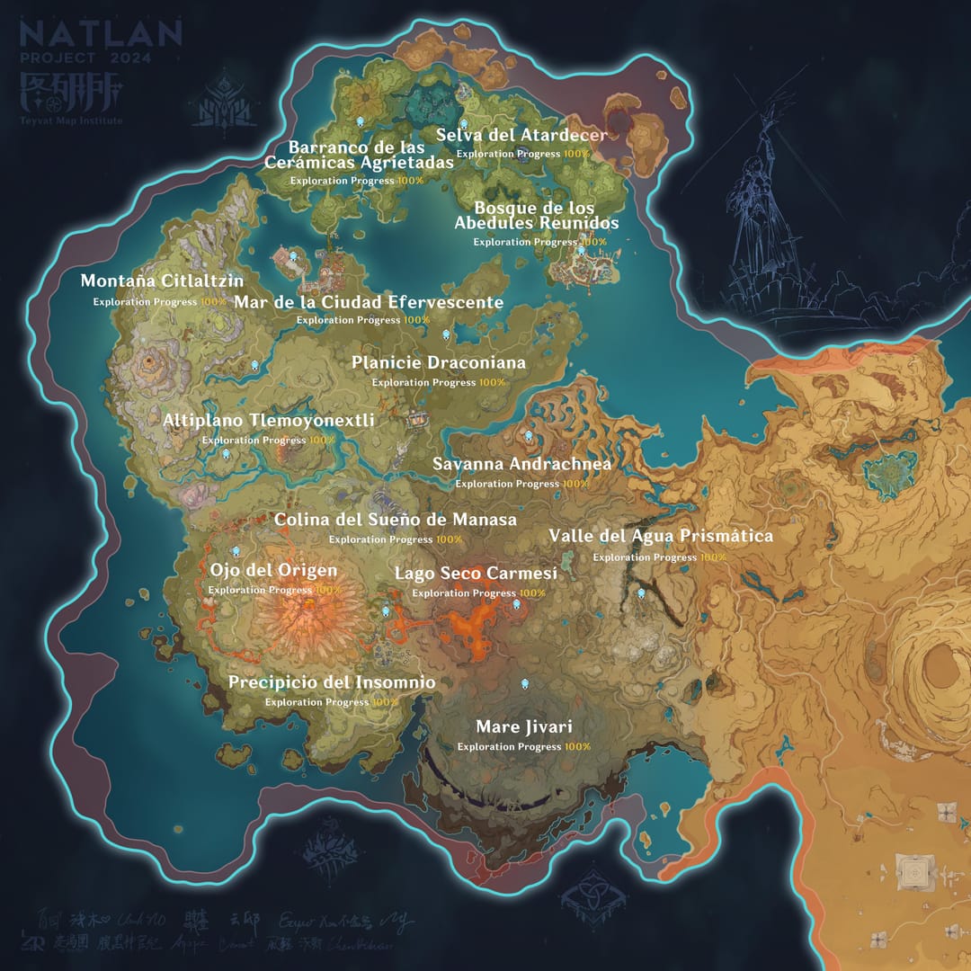 Carte en jeu de la région de Natlan montrant la progression de l'exploration et les points de téléportation dans Genshin Impact