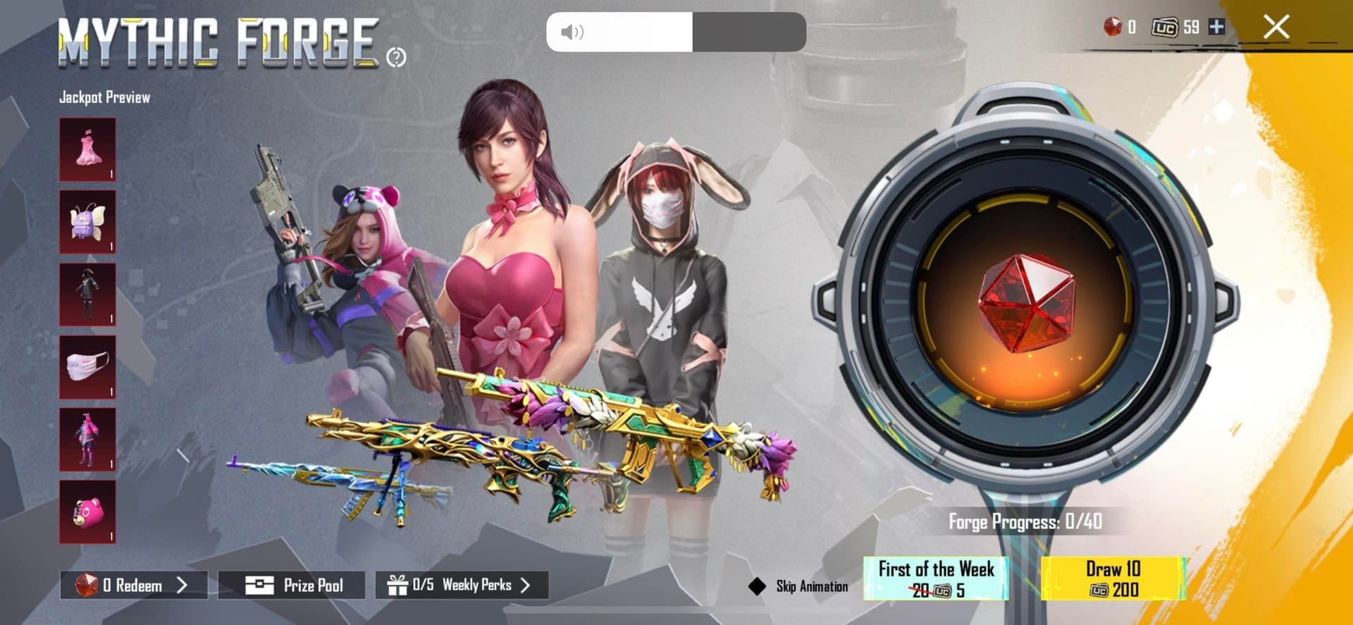 PUBG Mobile Mythic Forge spin interface with UC tier options for obtaining Mythic Emblem Fragments