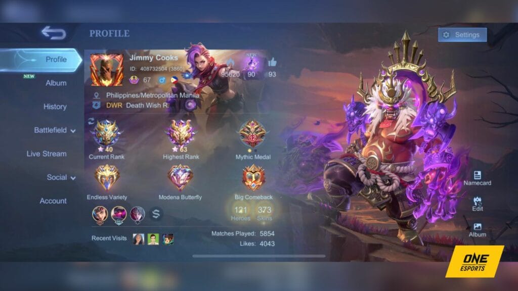Página de perfil de Mobile Legends Bang Bang que muestra la ubicación del ID de juego y el ID de zona resaltados